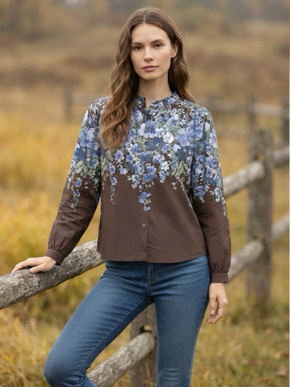 NWOT A.K.A Posh Brown Blouse with Blue Floral Print Size M - Picture 11 of 11
